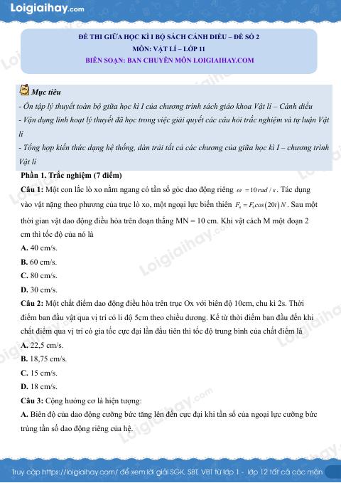 Đề thi giữa học kì 1 Vật lí 11 Cánh diều - Đề số 02